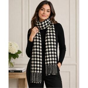 Ann Taylor 100% Cashmere Houndstooth Fringe Scarf Black Ivory Soft Wrap